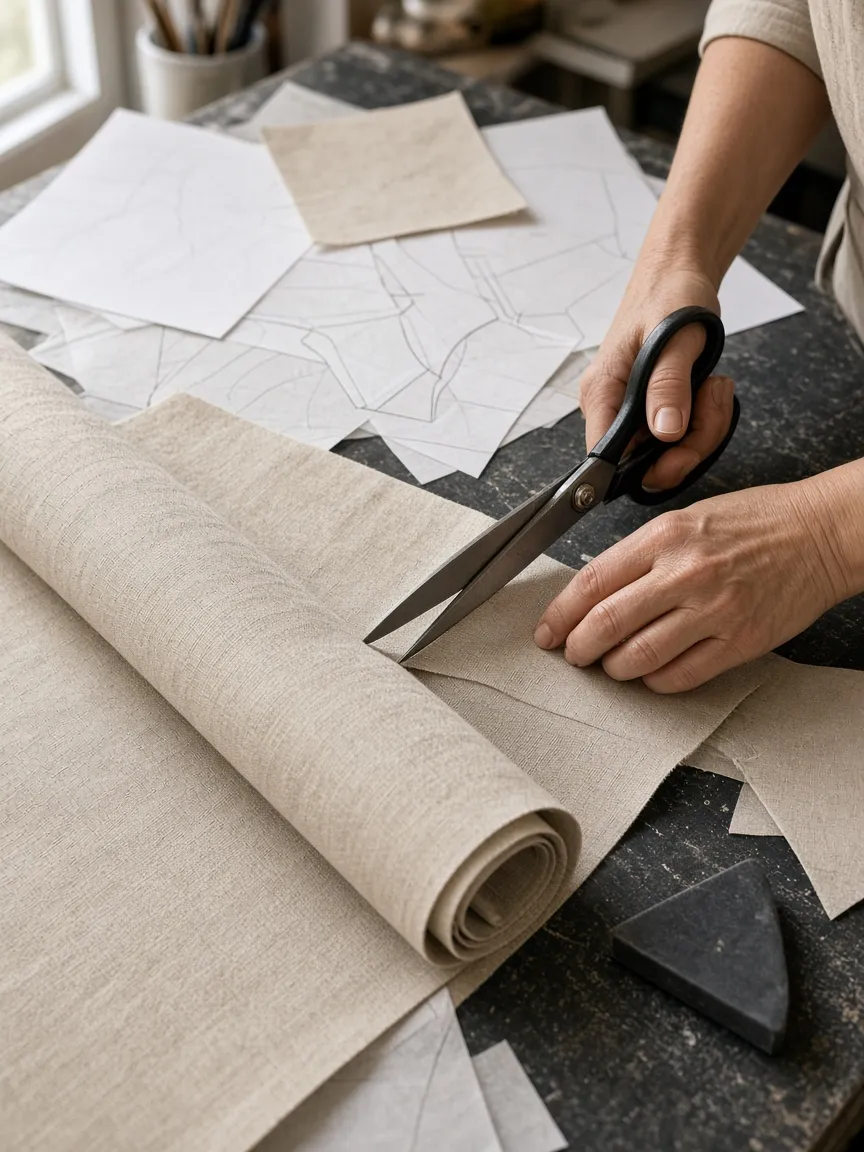 Hands cutting linen on a pattern table